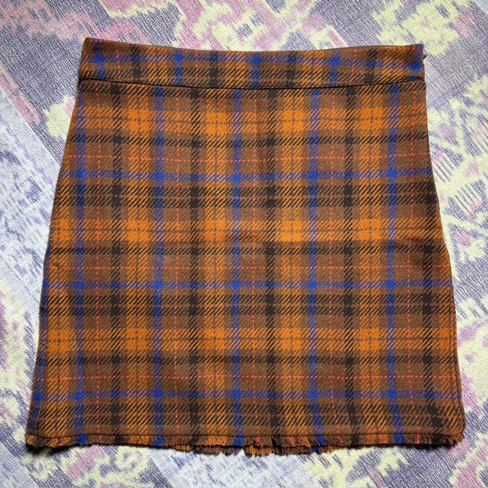Ann Taylor Factory Burnt Orange Blue Black Plaid Skirt Women's Size 14